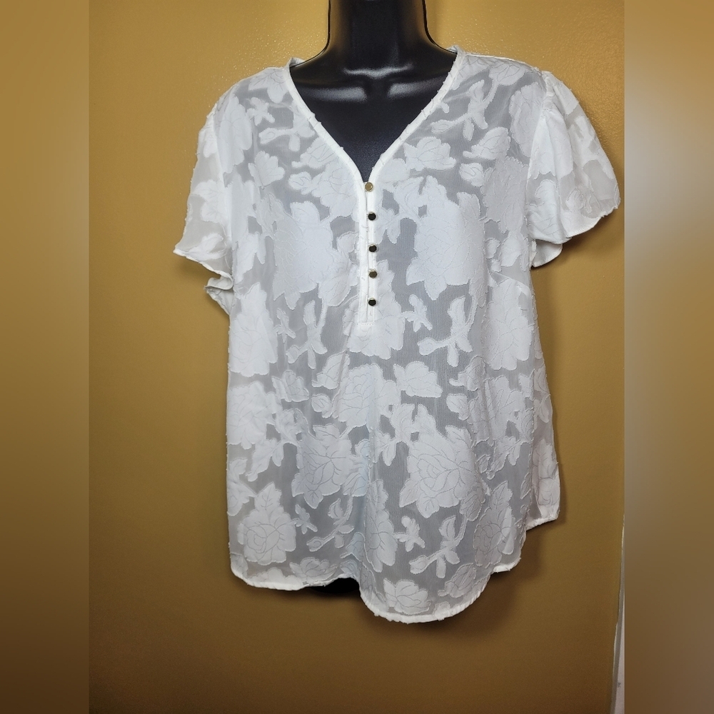 Liz Claiborne Career White Floral Semi Sheer Button Front Blouse sz L